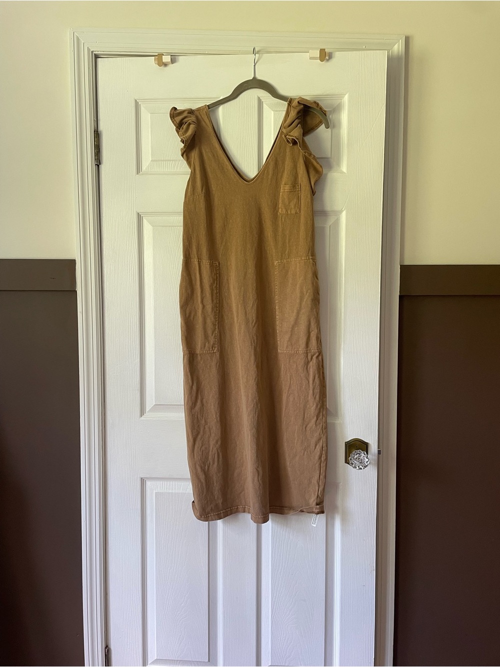 Free People Tan Ruffle-Shoulder Midi Dress